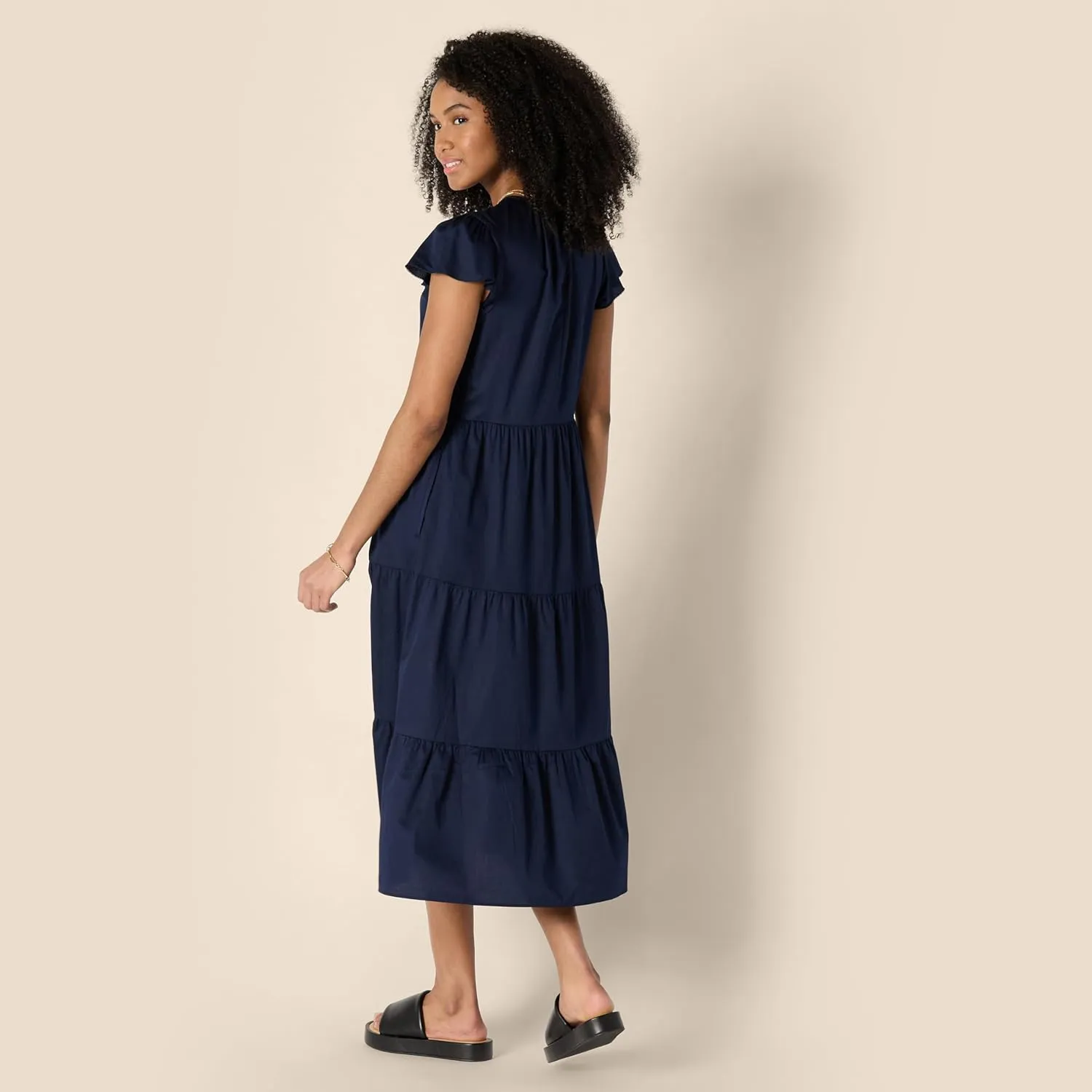 Amazon Essentials Women's Relaxed-Fit Cotton Sateen Crewneck Tiered Midi Dress