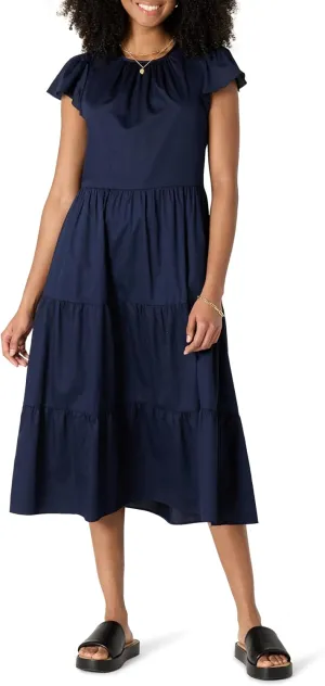 Amazon Essentials Women's Relaxed-Fit Cotton Sateen Crewneck Tiered Midi Dress