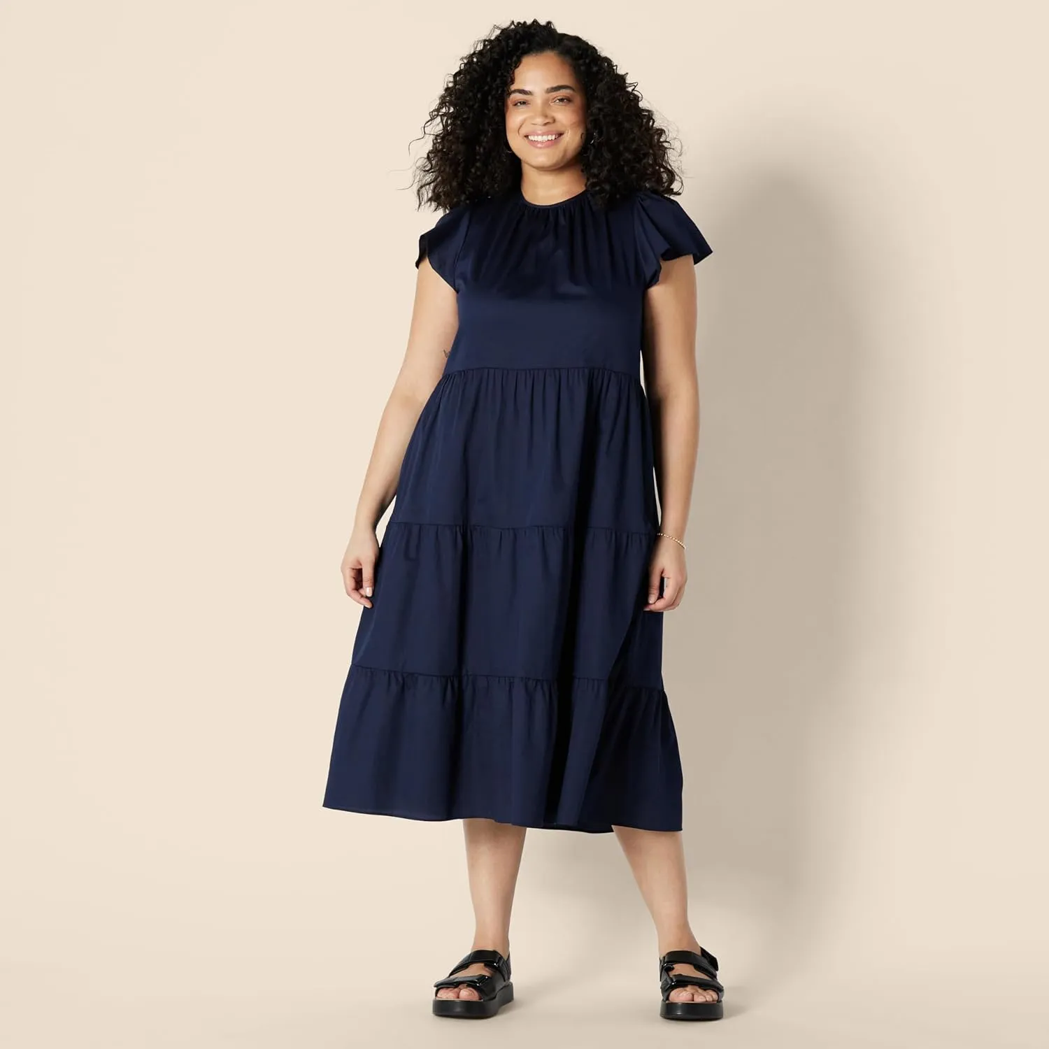 Amazon Essentials Women's Relaxed-Fit Cotton Sateen Crewneck Tiered Midi Dress