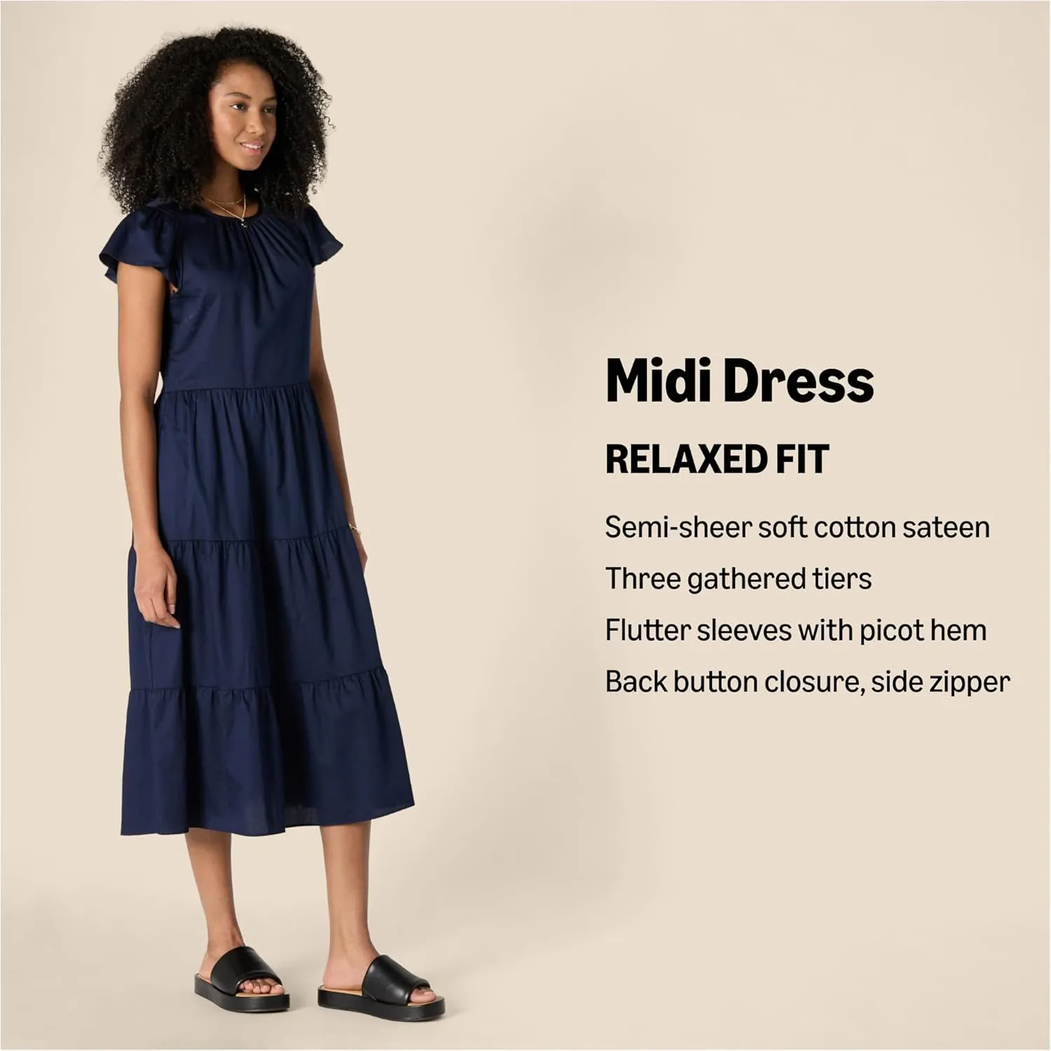 Amazon Essentials Women's Relaxed-Fit Cotton Sateen Crewneck Tiered Midi Dress