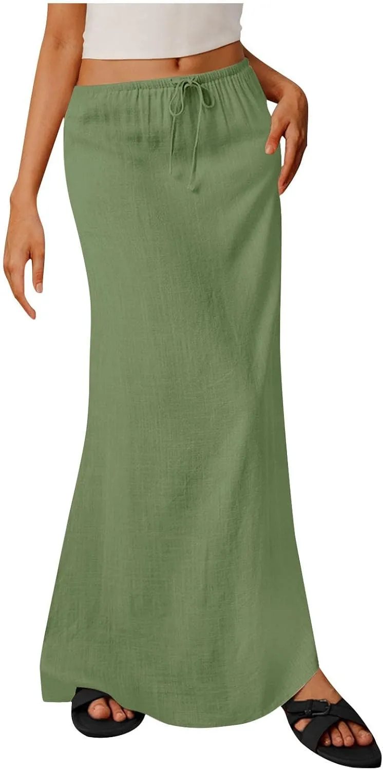 Cotton Linen Maxi Skirts for Women 2025 Drawstring Elastic High Rise Dress A Line Cute Vacation Boho Long Flowy Skirts