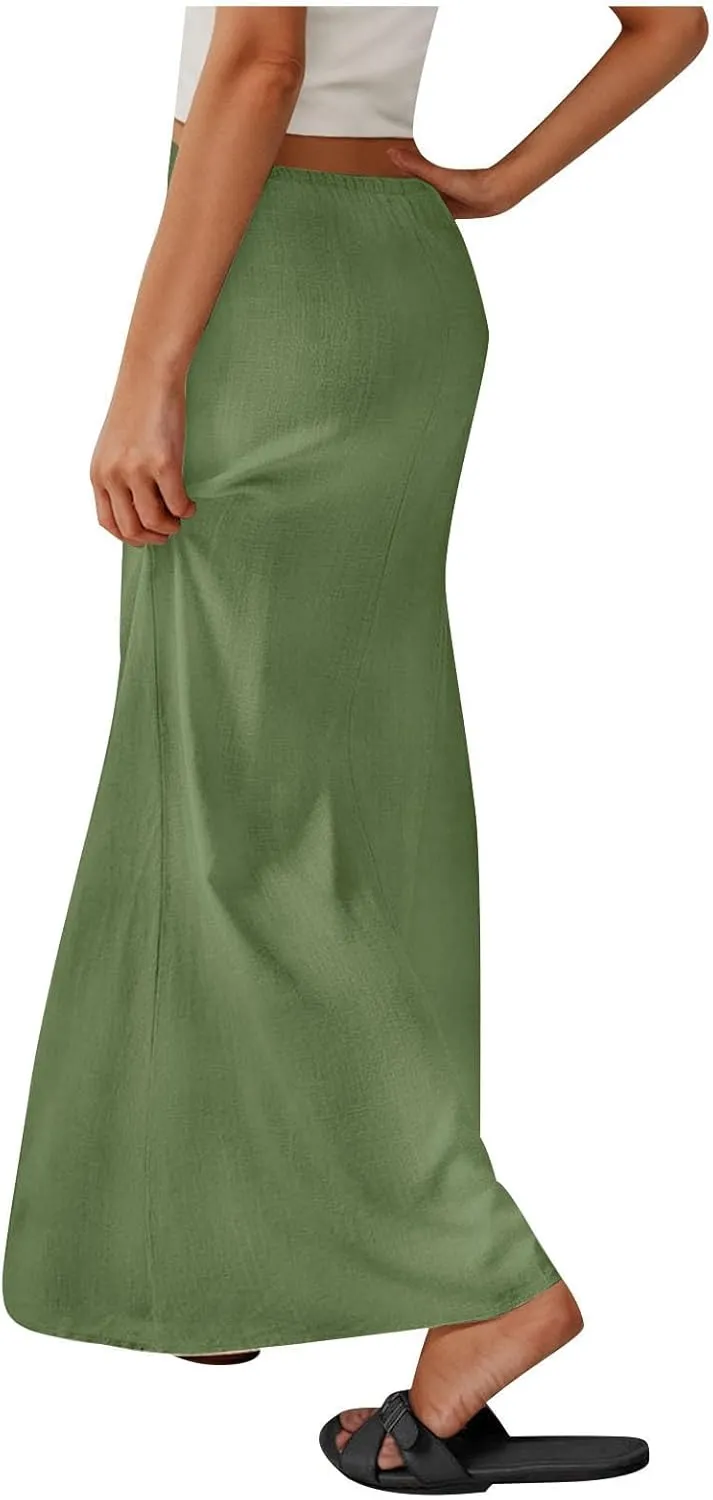 Cotton Linen Maxi Skirts for Women 2025 Drawstring Elastic High Rise Dress A Line Cute Vacation Boho Long Flowy Skirts