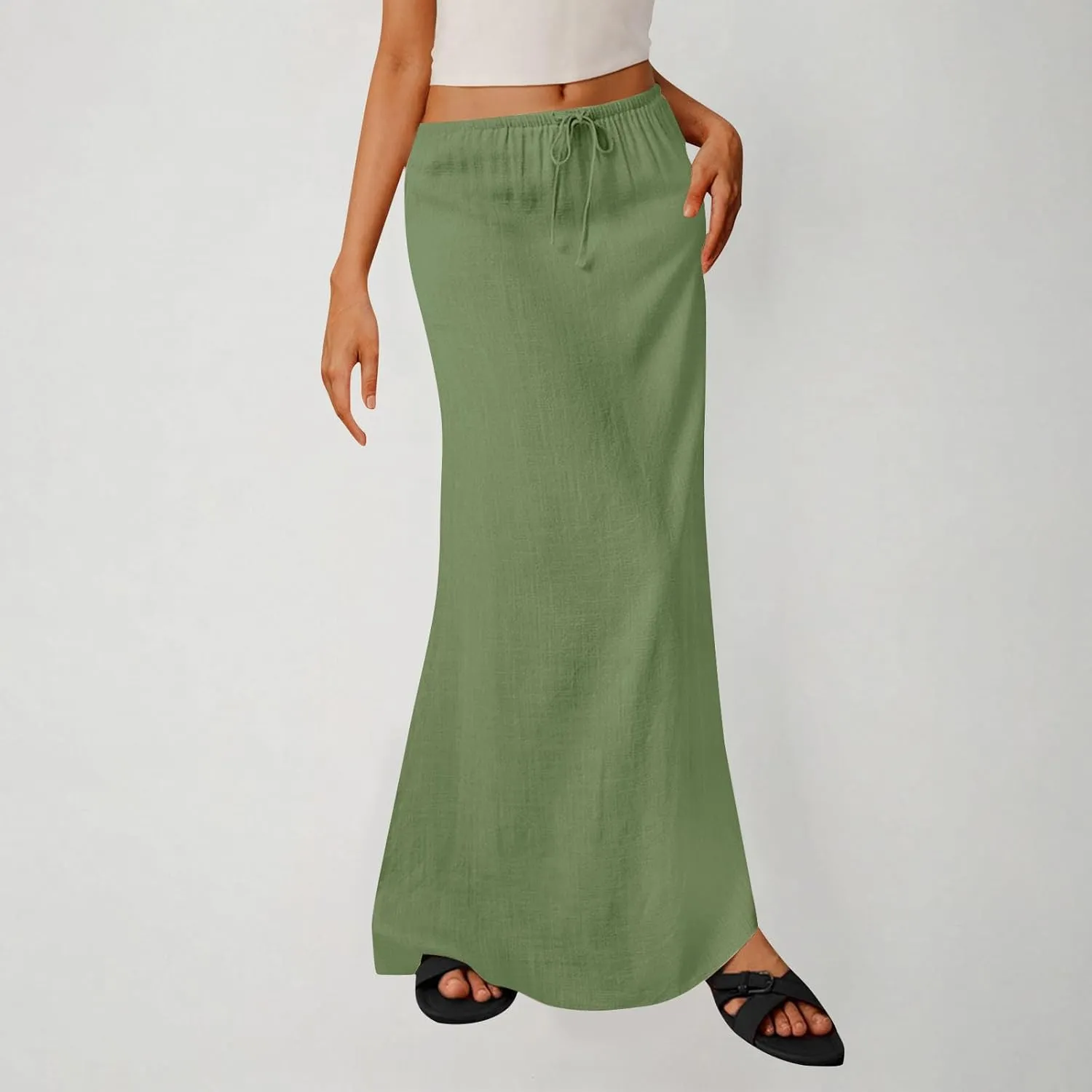 Cotton Linen Maxi Skirts for Women 2025 Drawstring Elastic High Rise Dress A Line Cute Vacation Boho Long Flowy Skirts