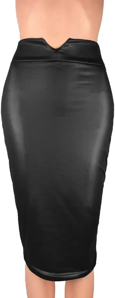 Faux Leather Pencil Skirt for Women Below Knee Length Skirt Midi Bodycon Skirt High Waist Office Business Pencil Skirt