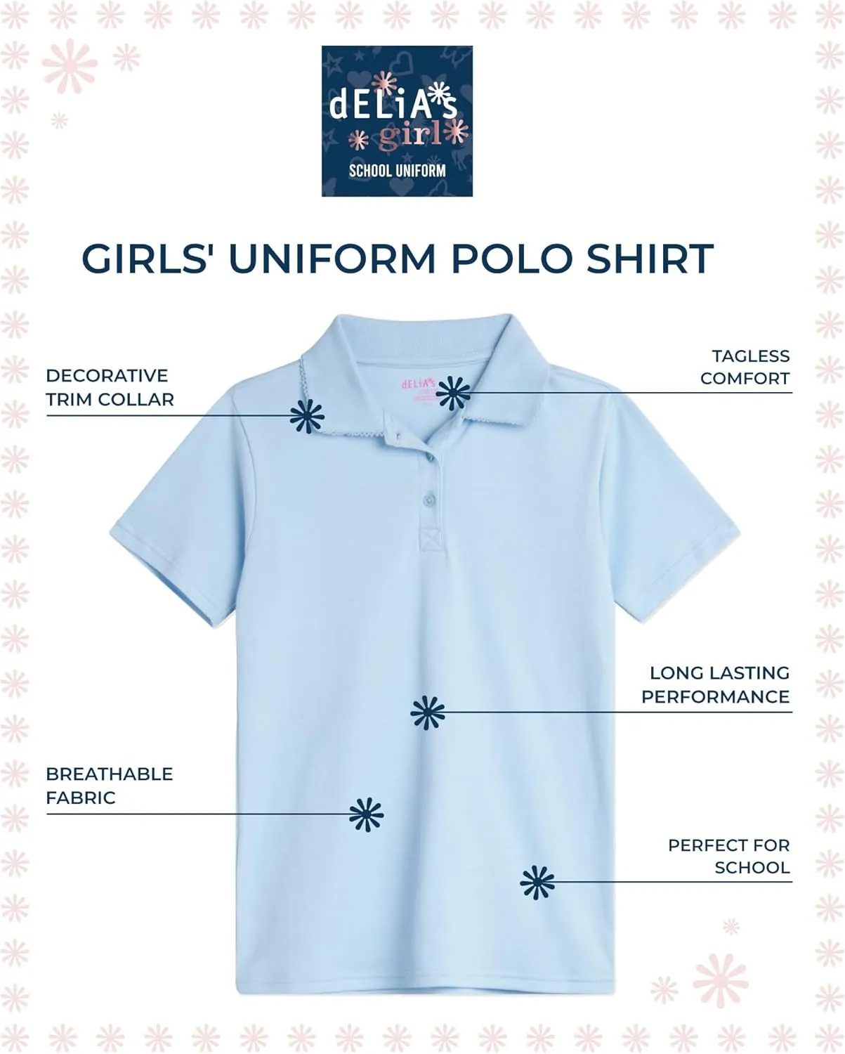Girls' School Uniform Polo Shirt - 3 Pack Short Sleeve Picot Collar Polo - Interlock Soft Polo for Girls (4-16)