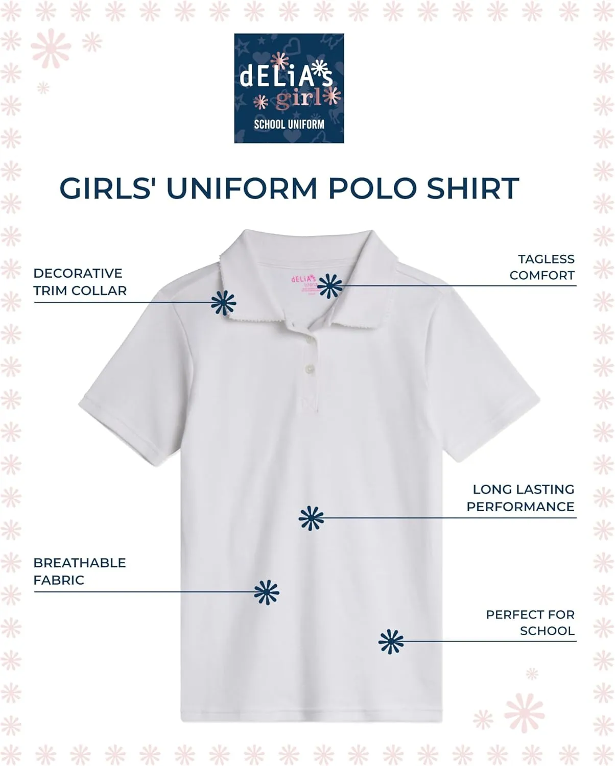 Girls' School Uniform Polo Shirt - 3 Pack Short Sleeve Picot Collar Polo - Interlock Soft Polo for Girls (4-16)