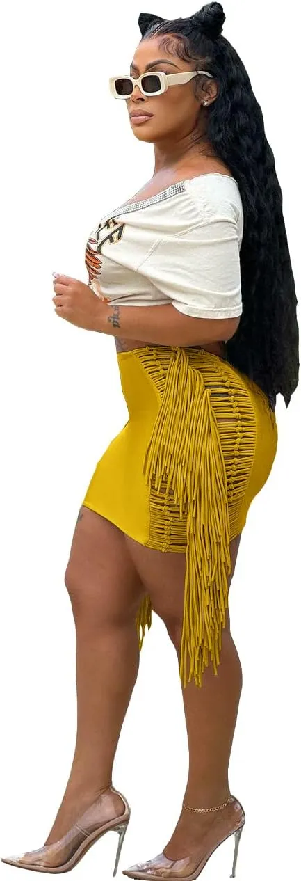 JYAOVO Women's Classic High Waist Bodycon A Line Mini Fringe Pencil Skirt