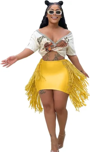 JYAOVO Women's Classic High Waist Bodycon A Line Mini Fringe Pencil Skirt