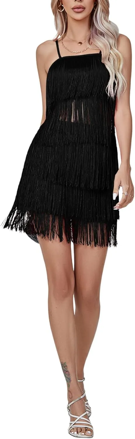 LYANER Women's Sexy Two Piece Outfit Fringe Sleeveless Cami and Short Skirt Sets