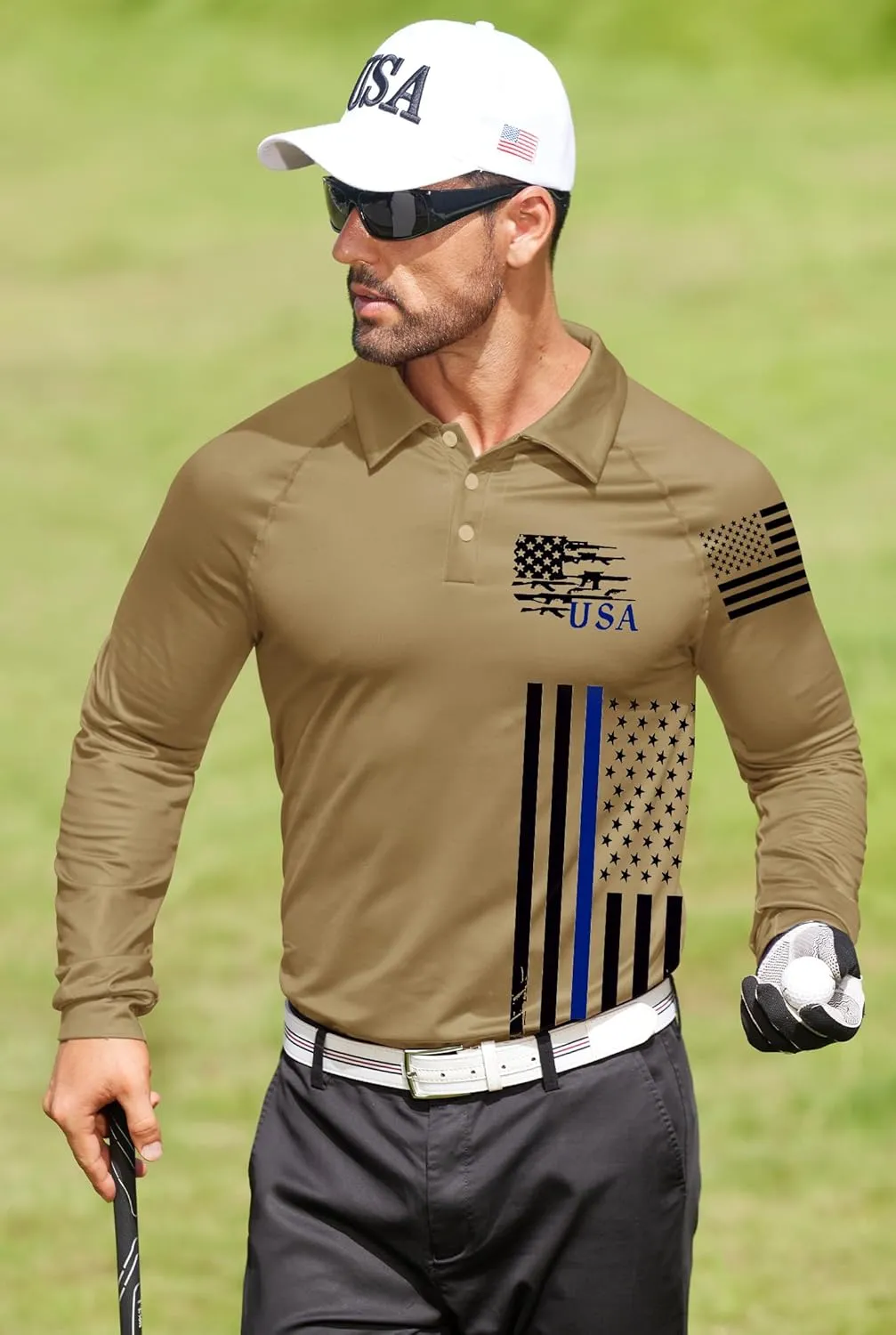 Mainfini Men's Long Sleeve 1776 Golf Shirt USA Flag Graphic Button Polo Shirt (S-3XL)