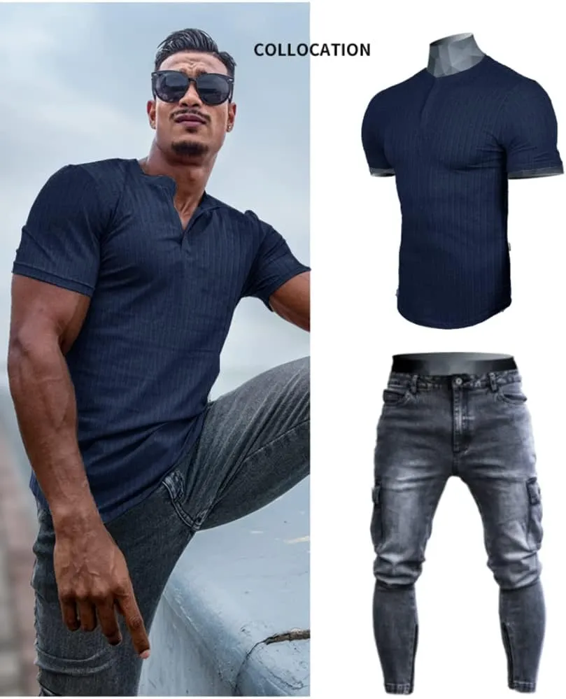 Muscle Cmdr Men's Ribbed Henley Shirt Slim Fit Muscle Shirt Fitted Cotton Short&Long Sleeve Casual T-Shirt