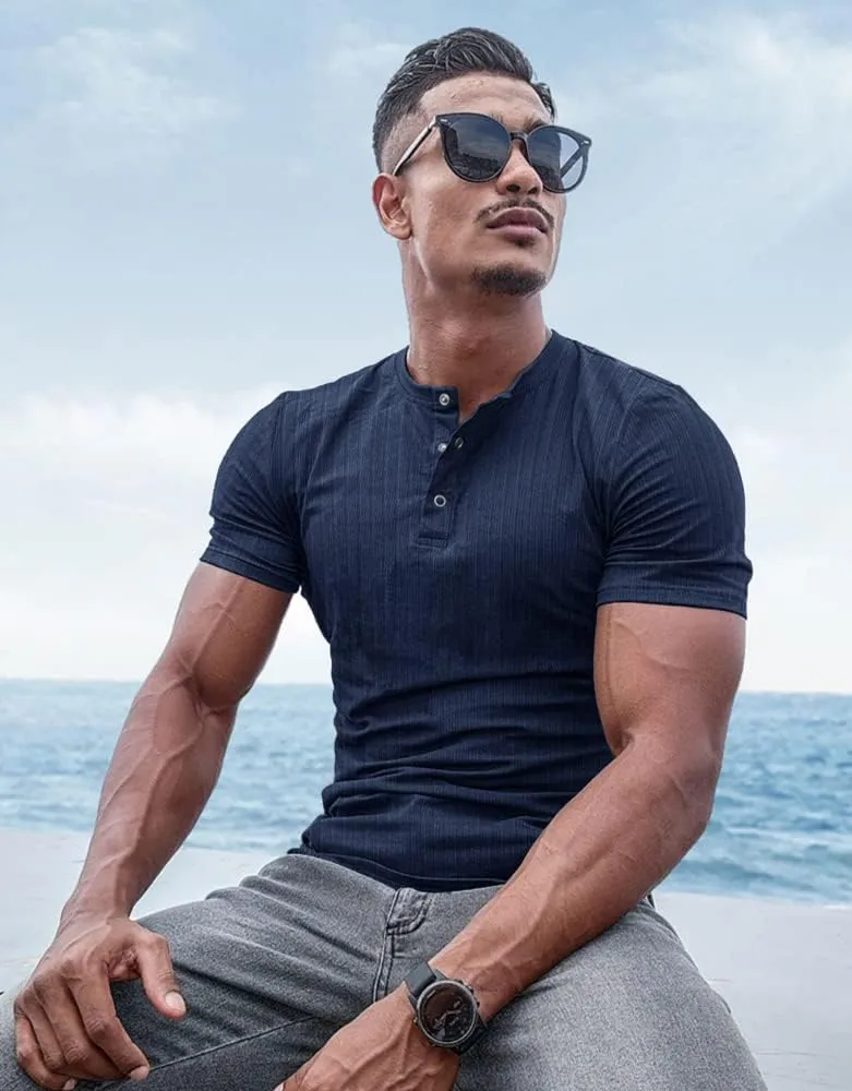 Muscle Cmdr Men's Ribbed Henley Shirt Slim Fit Muscle Shirt Fitted Cotton Short&Long Sleeve Casual T-Shirt