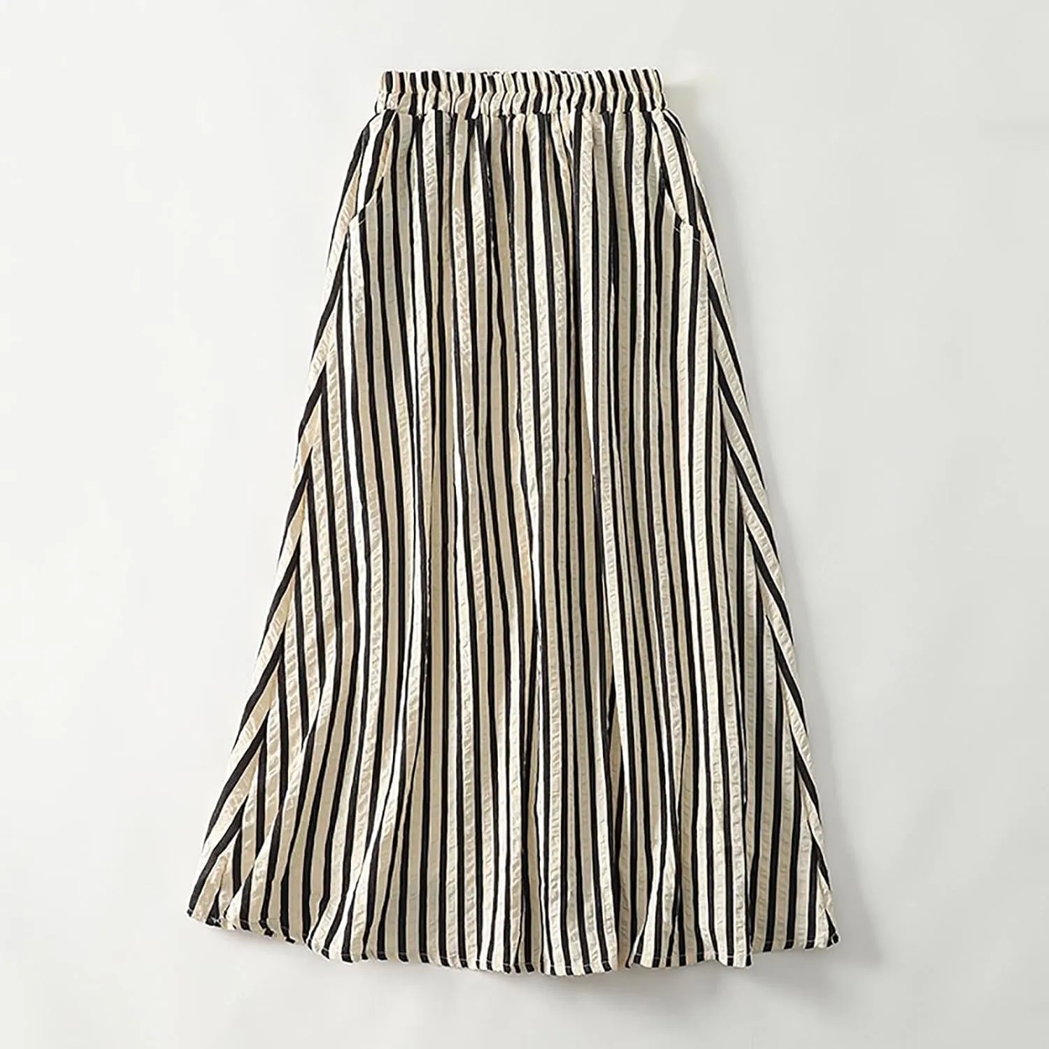 Oplxuo Women's Striped Cotton Linen Skirts Elastic Waist Long Flowy Bohemian Casual Summer A Line Maxi Skirt with Pockets