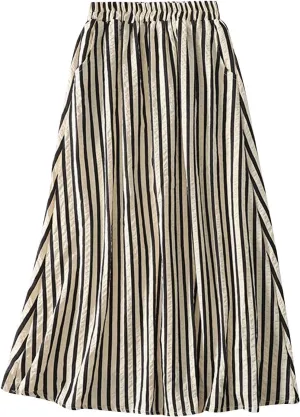 Oplxuo Women's Striped Cotton Linen Skirts Elastic Waist Long Flowy Bohemian Casual Summer A Line Maxi Skirt with Pockets