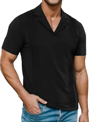 Poriff Men's Polo Shirts Short Sleeve Cuban Guayabera Shirt Casua V Neck Collared Shirt