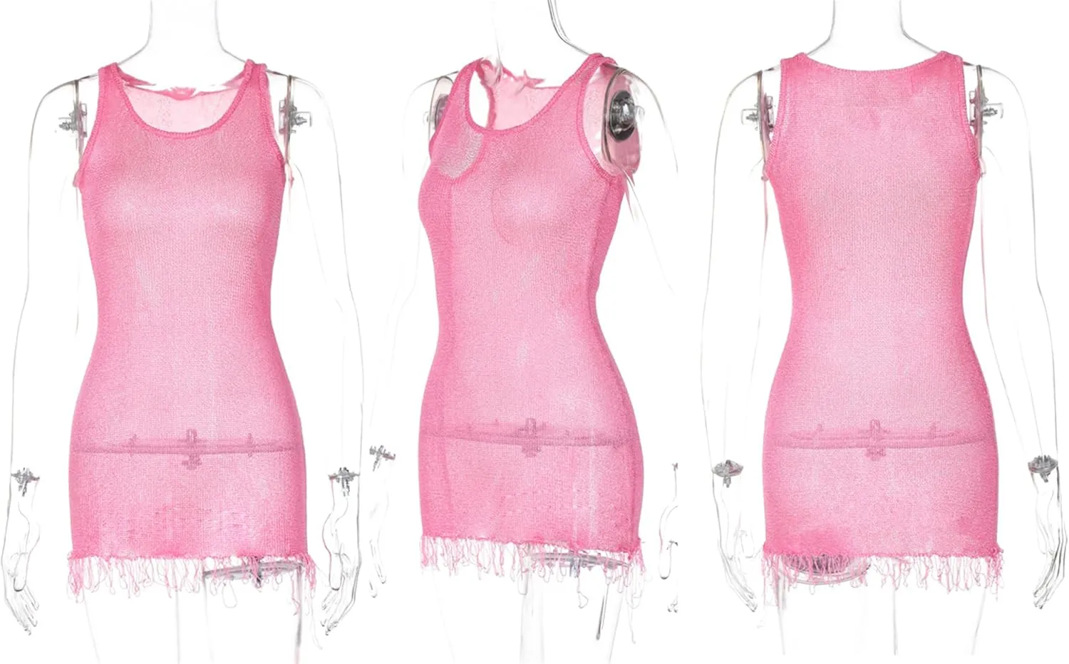 Recious Womens Sexy Sleeveless O Neck Knitted Bodycon Tassel Hem Party Clubwear Mini Dress