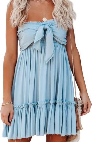 R.Vivimos Women's Summer Cotton Boho Beach Sleeveless Tie Front Mini Dress Tube Top Dress