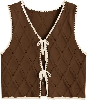 Verdusa Women's Old Money Bow Tie Crochet Sweater Vest Contrast Binding Knot Front V Neck Knit Top