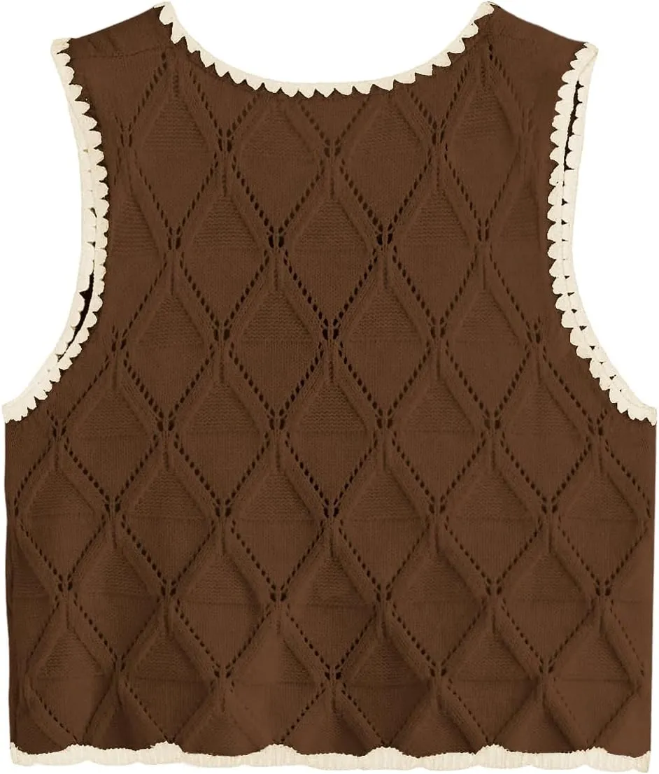 Verdusa Women's Old Money Bow Tie Crochet Sweater Vest Contrast Binding Knot Front V Neck Knit Top