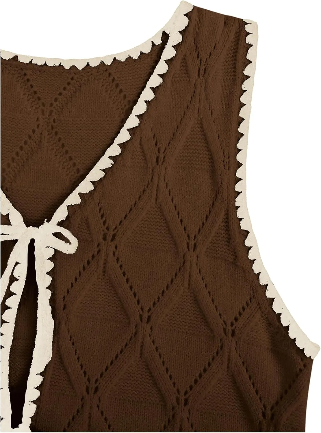 Verdusa Women's Old Money Bow Tie Crochet Sweater Vest Contrast Binding Knot Front V Neck Knit Top