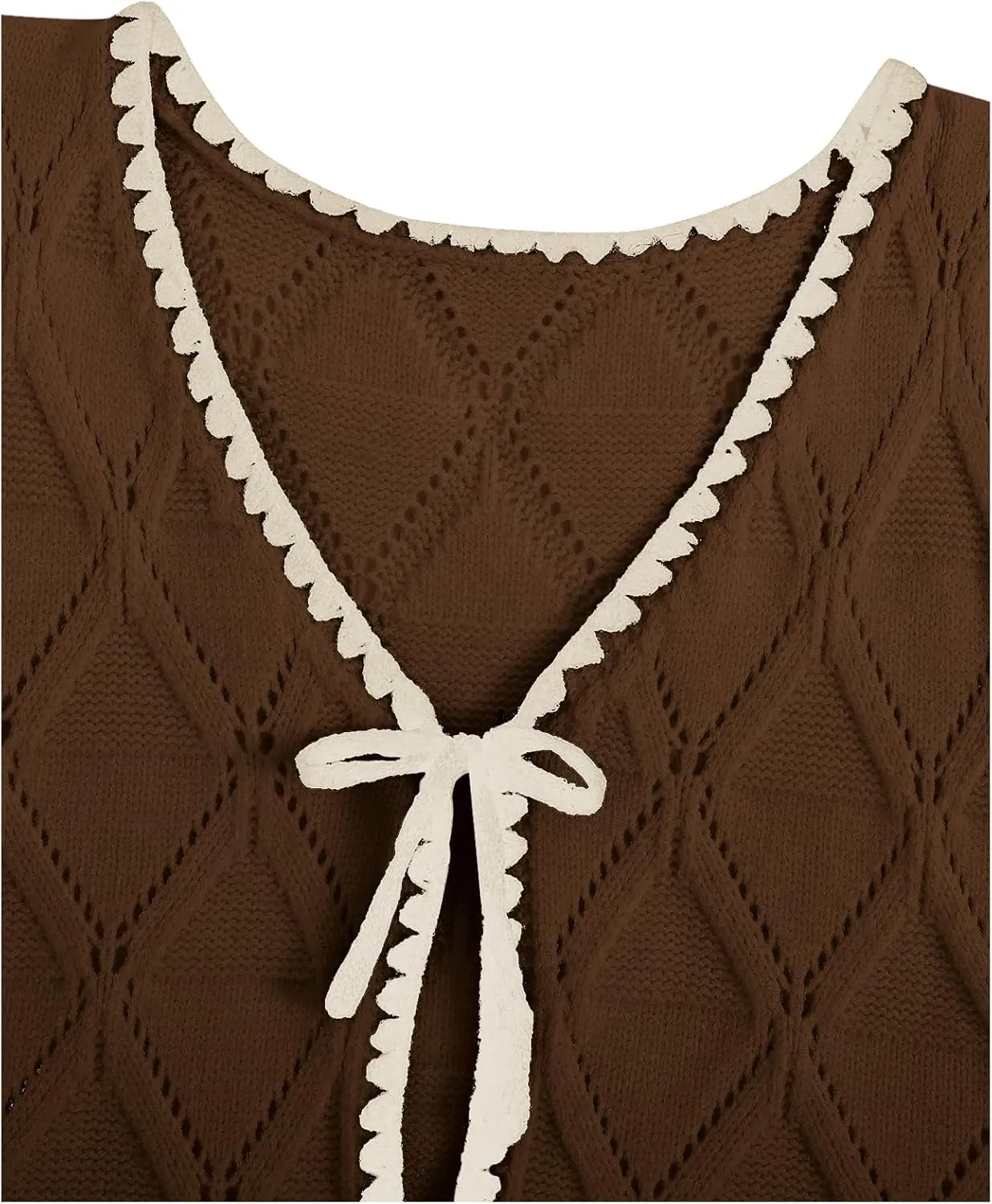 Verdusa Women's Old Money Bow Tie Crochet Sweater Vest Contrast Binding Knot Front V Neck Knit Top