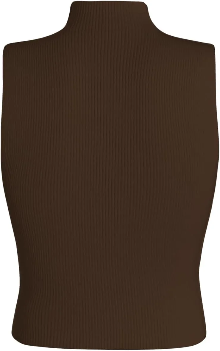 Verdusa Women's Sleeveless High Mock Neck Ribbed Fitted Solid Crop Tank Top