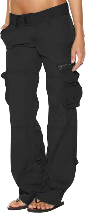 Womens Cargo Pants Fashion High Rise Y2K Parachute Pants Baggy Straight Wide Leg Trousers Streetwear with Pockets