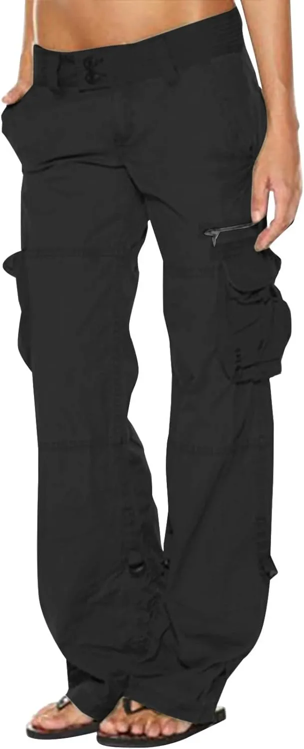 Womens Cargo Pants Fashion High Rise Y2K Parachute Pants Baggy Straight Wide Leg Trousers Streetwear with Pockets