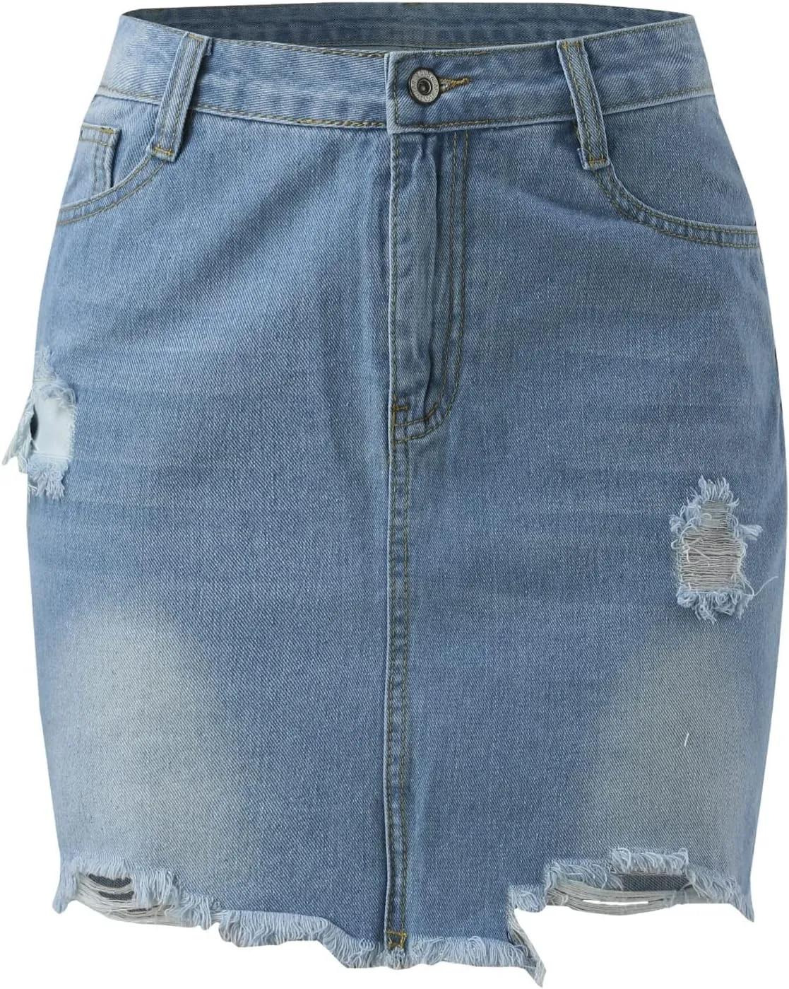 Women's Sexy Mini Jean Skirts Mid Waist Zipper Casual Frayed Raw Hem Stretch Ripped Mini Denim Skirts with Pockets
