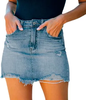 Women's Sexy Mini Jean Skirts Mid Waist Zipper Casual Frayed Raw Hem Stretch Ripped Mini Denim Skirts with Pockets