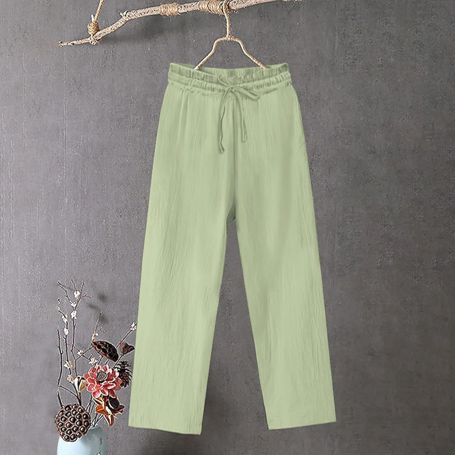 Women's Summer Cotton Linen Pants Drawstring Waist Straight Leg Loose Trousers Lightweight Comfy Boho Beach Pant