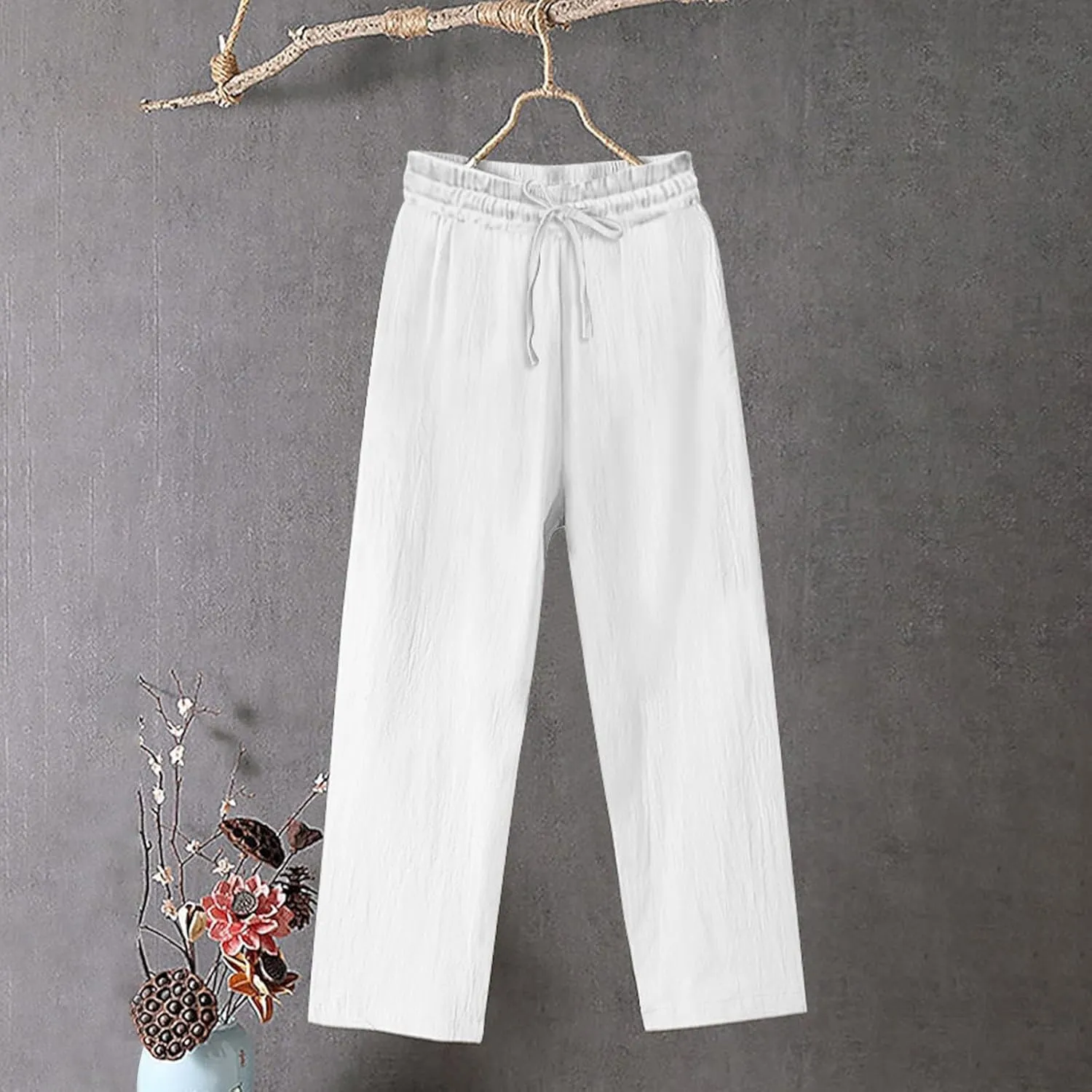 Women's Summer Cotton Linen Pants Drawstring Waist Straight Leg Loose Trousers Lightweight Comfy Boho Beach Pant