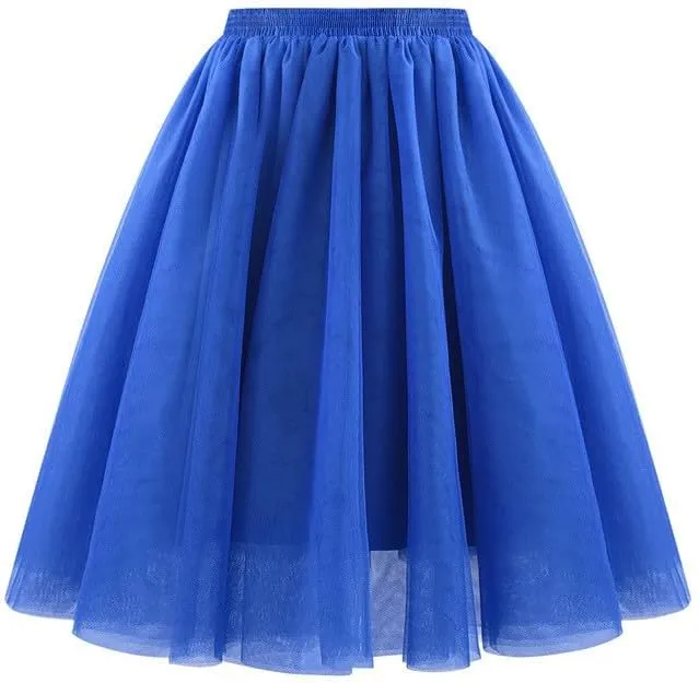 Women's Tulle Skirts Elastic High Waist Pleated Layered Mesh Flowy A-Line Swing Party Midi Long Tutu Skirt