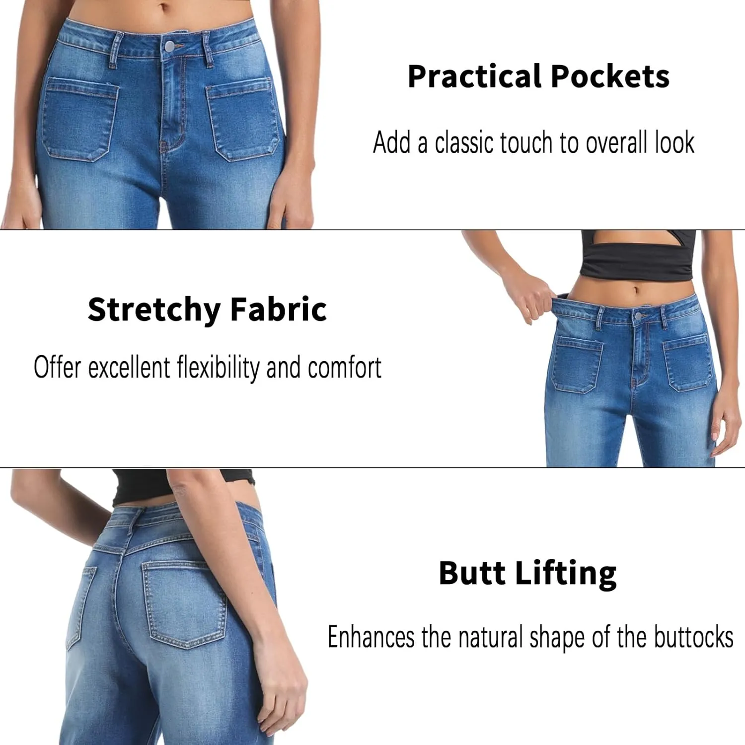 Womens Wide Leg Petite Jeans High Waisted Stretchy Cropped Flare Jeans with Patch Pockets