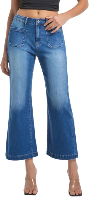Womens Wide Leg Petite Jeans High Waisted Stretchy Cropped Flare Jeans with Patch Pockets