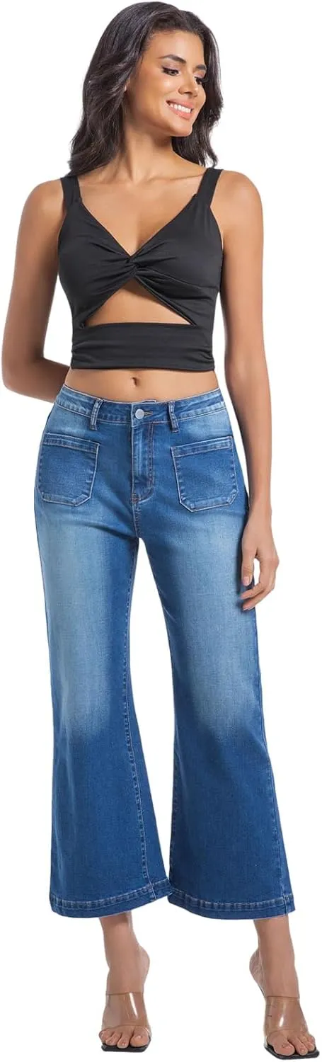 Womens Wide Leg Petite Jeans High Waisted Stretchy Cropped Flare Jeans with Patch Pockets