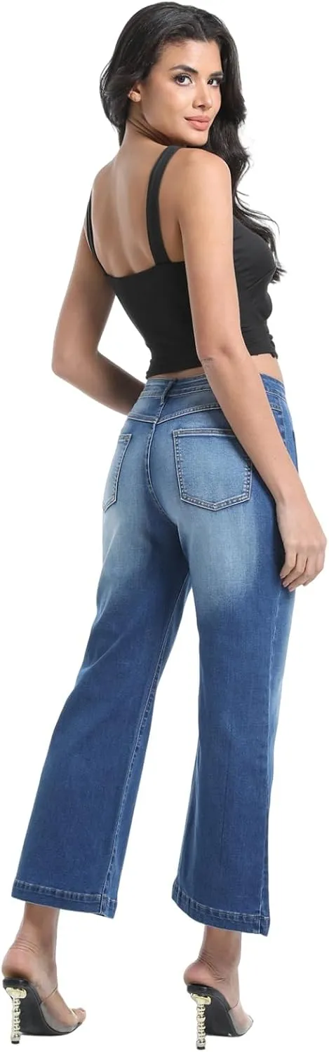 Womens Wide Leg Petite Jeans High Waisted Stretchy Cropped Flare Jeans with Patch Pockets