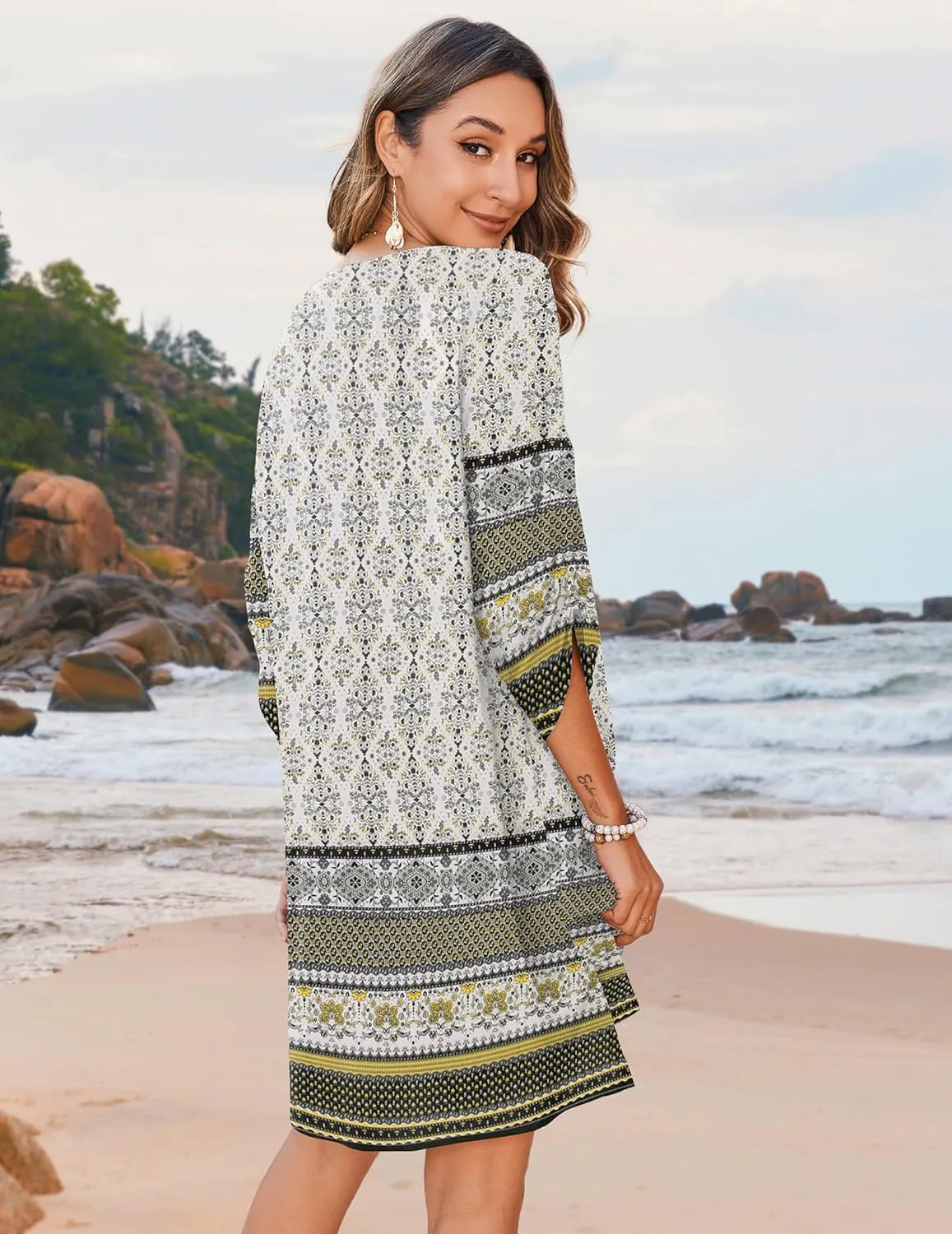 Zeagoo Womens Boho Dresses Casual Beach Summer Dress Tassel Tie Neck 3/4 Long Sleeve Mini Sundress 2025 Floral Print Cover Up